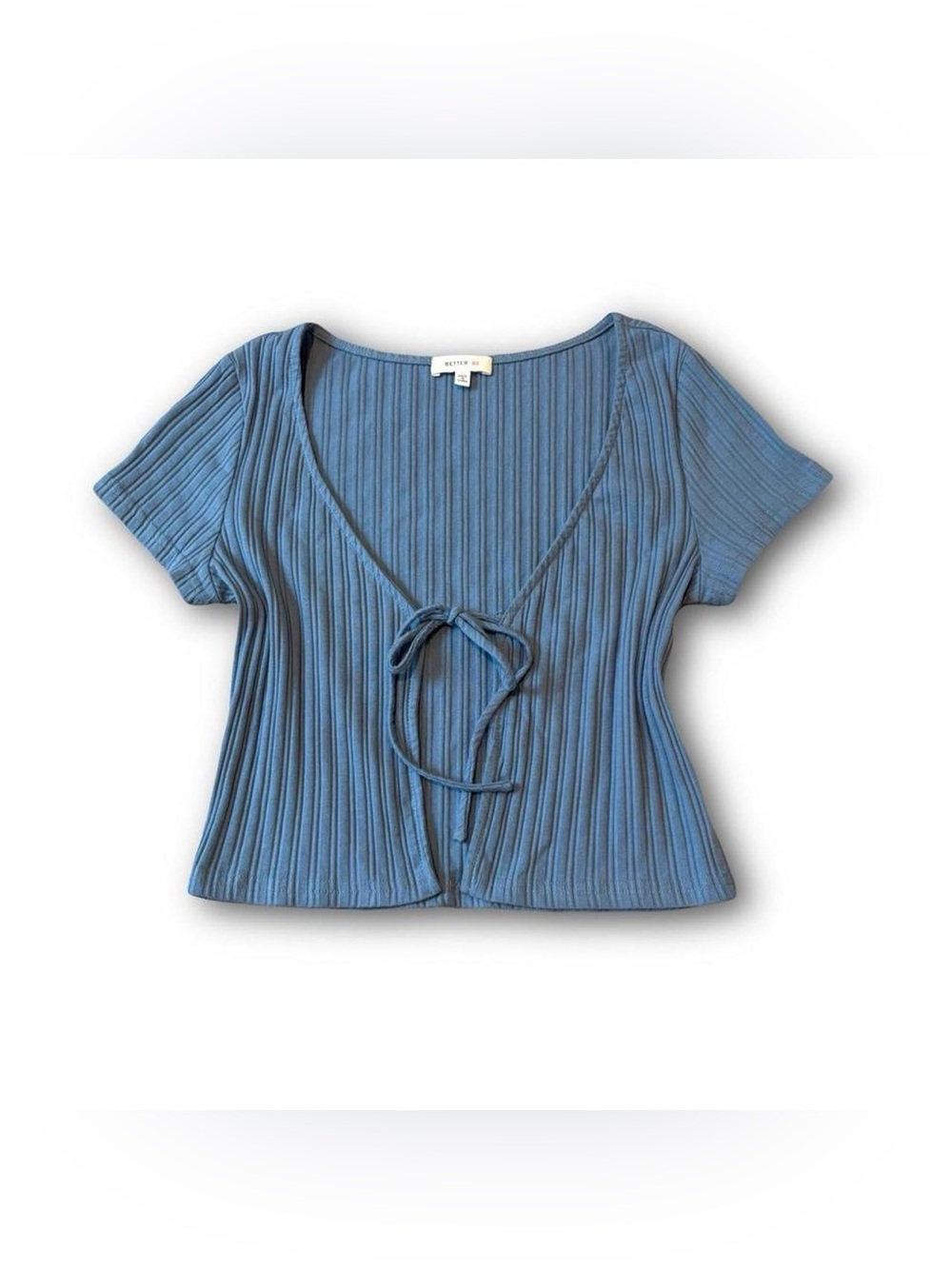Better Be Blue Ribbed Tie-Front Short Sleeve Top